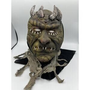 Vtg 90s Halloween Hooded Horned Ghoul Monster Mask Green Stapled Mouth